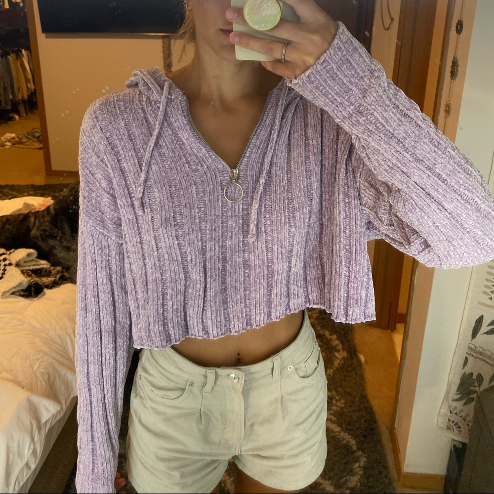 Purple quarter zip crop top sweater